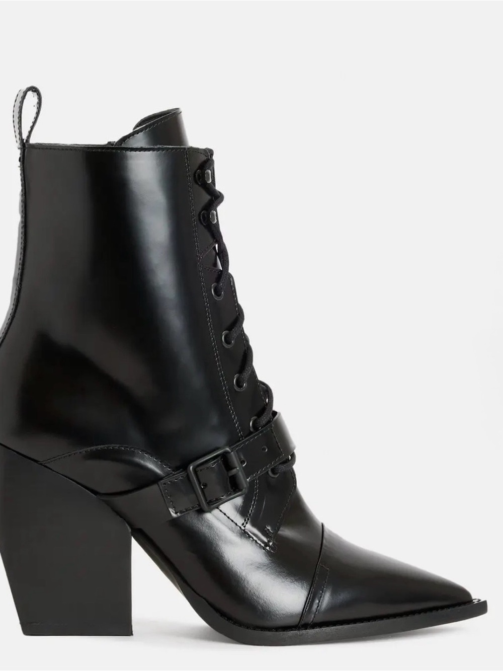 All Saints Black Pointed Lace-Up Buckle Ankle Boots Sz 39